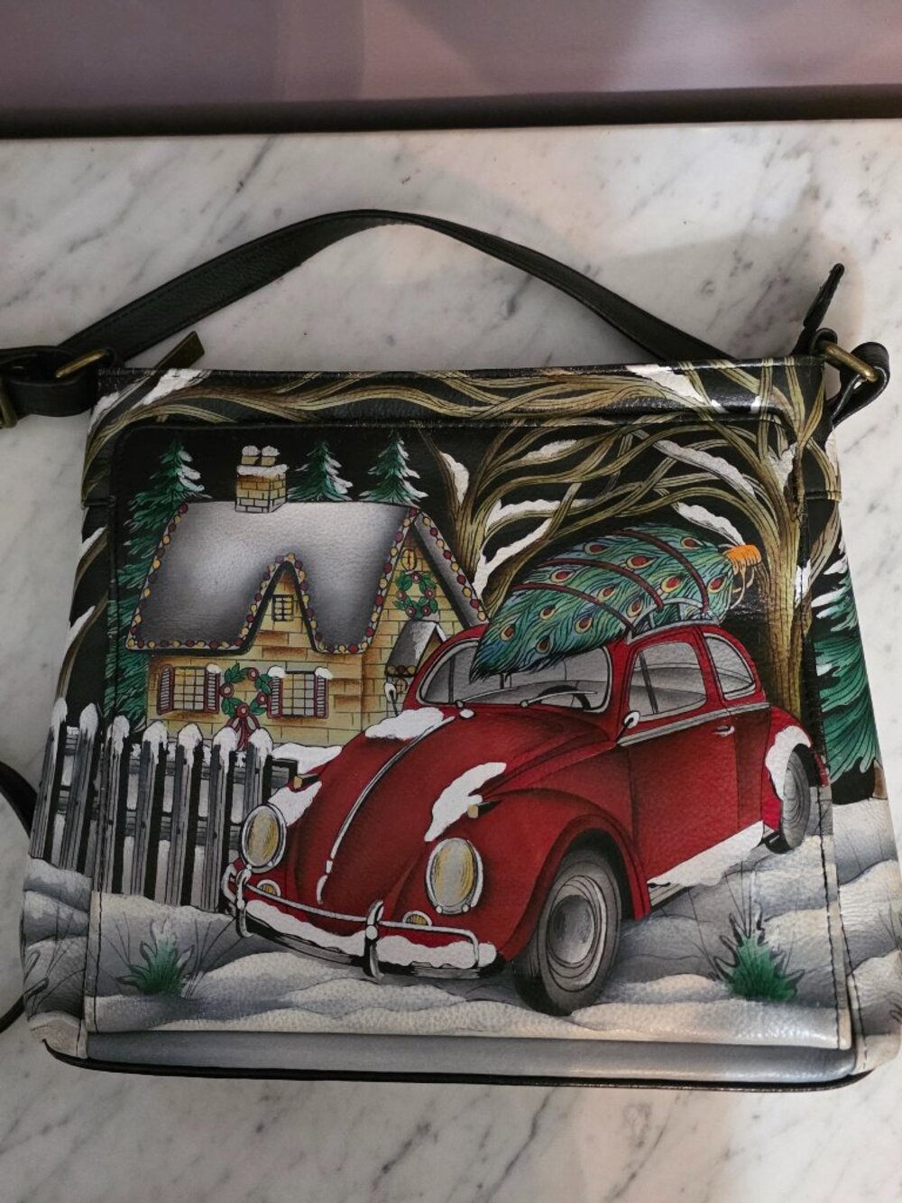 Anuschka Hand-Painted Leather Crossbody Bag Hippie Red VW Beetle Christmas Tree
